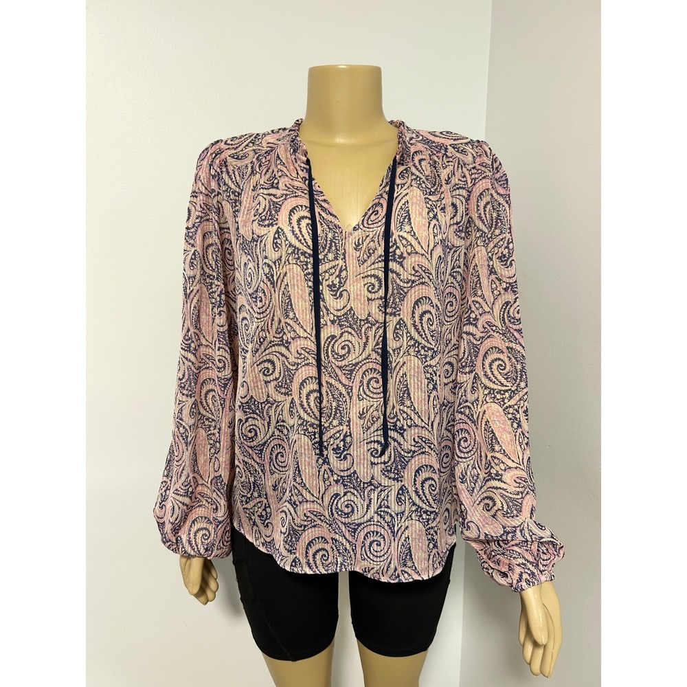 Joie Anthropologie Pink Paisley Metallic Silk Blend Long Sleeve Blouse Top Large